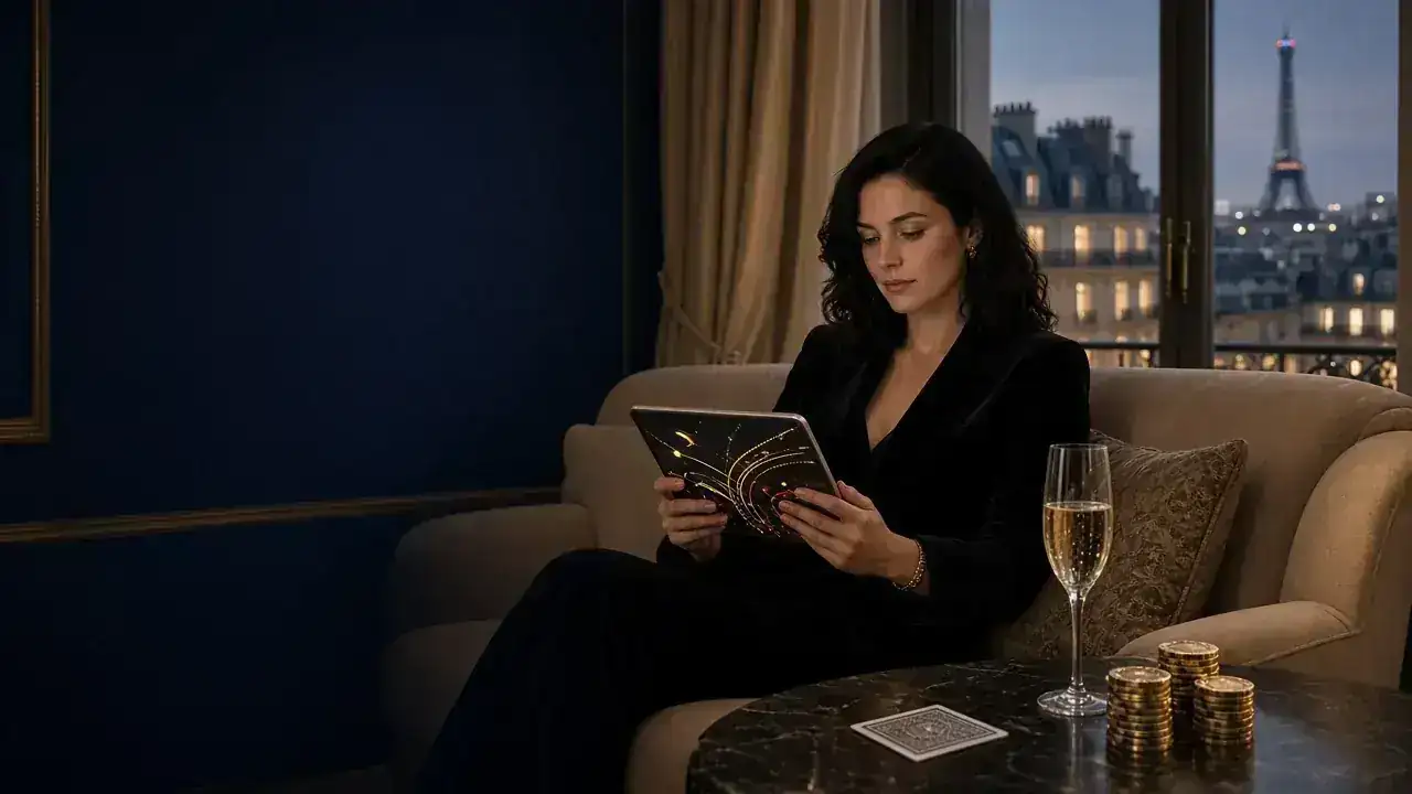 Benchmark premium du casino en ligne français, ambiance sombre et lumière bleue